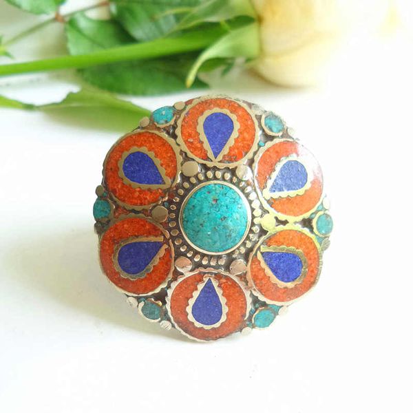 

2020 spring new arrival vintage big flower rings copper inlay colorful stone open rings multi designs r017, Golden;silver