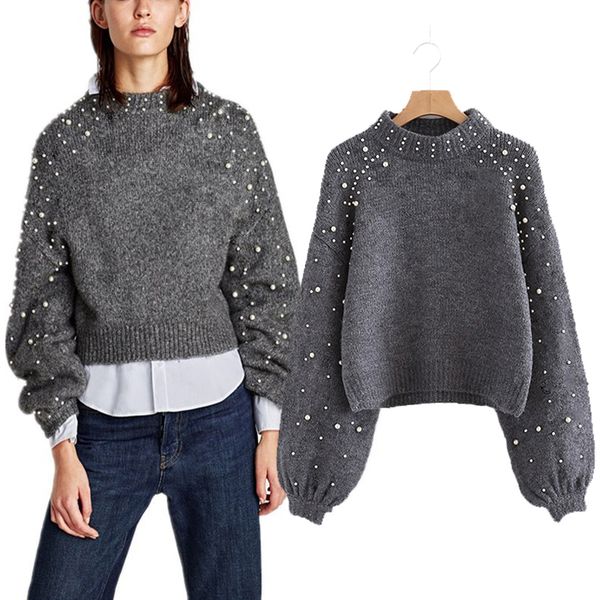 

pearl turtleneck winter knitted sweater women lantern sleeve loose gray pullover female soft warm autumn casual jumper 6q0692, White;black