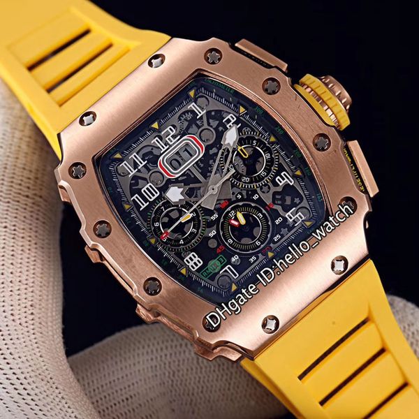 

new flyback chrono rm11-03rg big date rose gold case rm11-03 skeleton black dial japan miyota automatic mens watch yellow rubber watches, Slivery;brown