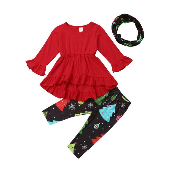 

new toddler kids baby girl christmas ruffle dress pants scarf outfit clothes 3fs