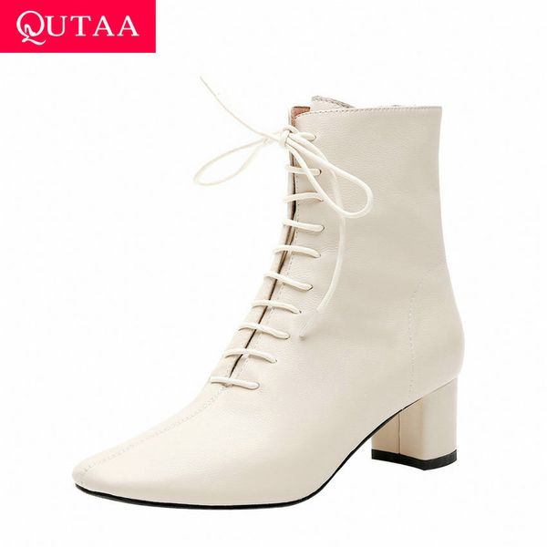 

qutaa 2020 square toe zipper lace up warm fur women shoes genuine leather square high heel winter ankle boots size 34-42, Black