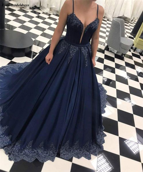 

navy blue prom dresses 2020 lace appliques spaghetti straps corset back long formal party evening gowns vestidos de festa, White;black