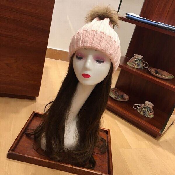 

2019 fashion knitting cotton hats women men soft winter warm pink hats with brown hair ball hat with box, Blue;gray