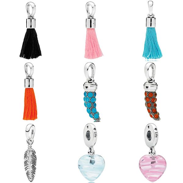 

multicolor fabric tassel spiritual feather amulet ribbon heart pendant charm fit pandora bracelet 925 sterling silver beads