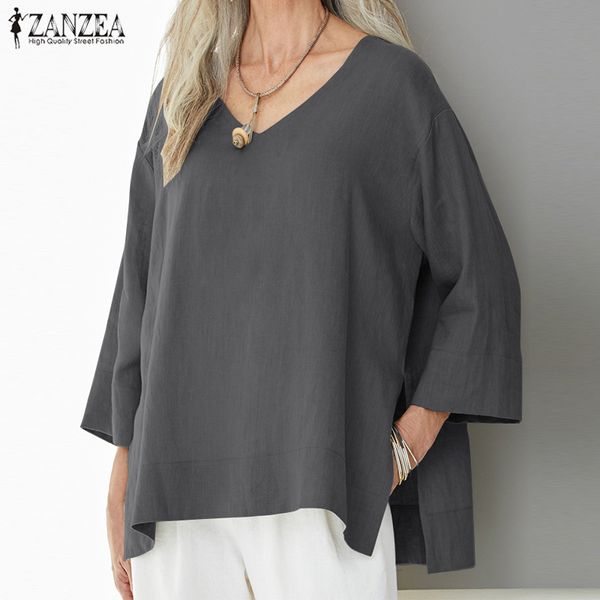 

2019 zanzea summer fashion tunic women solid 3/4 sleeve split loose blouse casual irregular blusas female shirts chemise, White