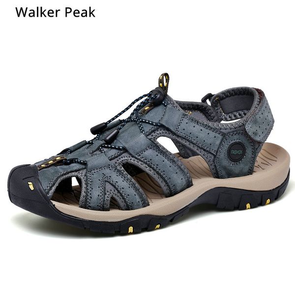 

модные летние мужские сандалии из натуральной кожи квартиры повседневная нескользящая обувь пляж открытый мужская обувь для вождения закрыты, Black