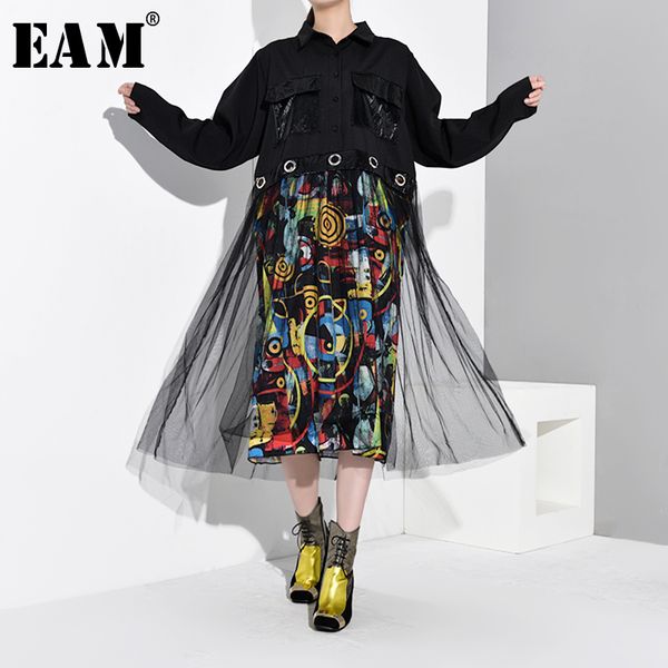 

eam] women black mesh pattern printed big size dress new lapel long sleeve loose fit fashion tide spring autumn 2020 1d976, Black;gray