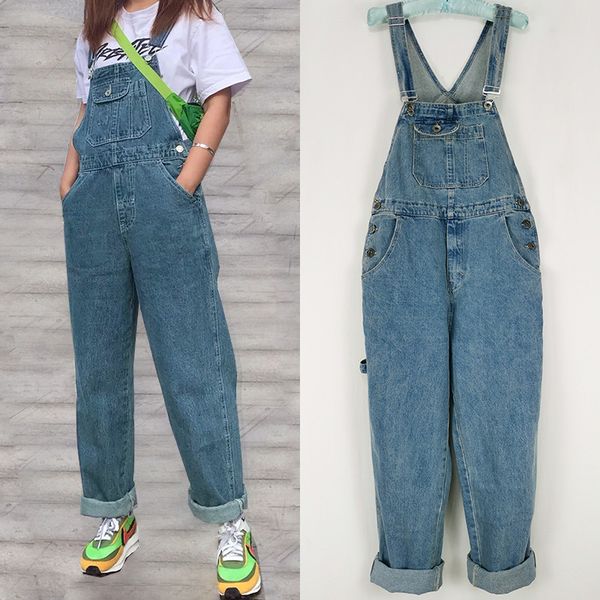 

2020 women's denim bibs women's loose jumpsuit korean retro large size jumpsuit size 30-46, Blue