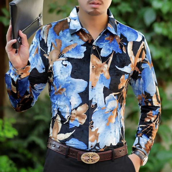 

luxury velvet shirt flower print blue velvet shirt men causual club party men button camisa masculina chemise homme, White;black