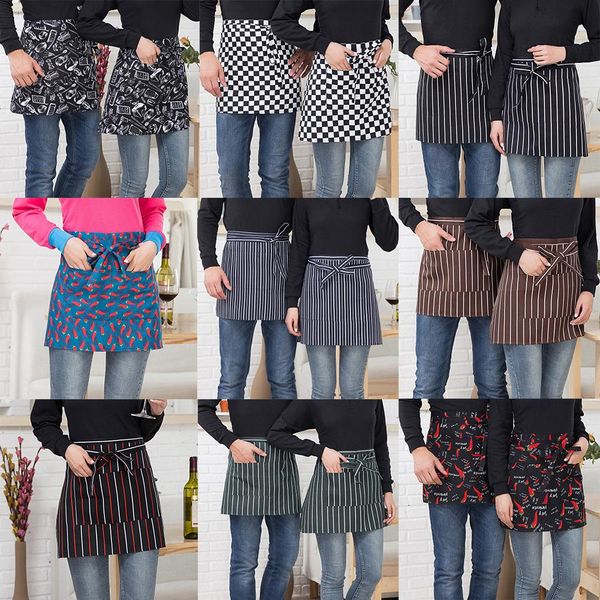 

striped plaid half-length short waist apron with pocket catering chef waiter bar