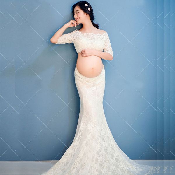 

2pcs lace maternity dresses for p shoot clothes maternity pgraphy props pregnancy dress pgraphy long maxi vestidos, White