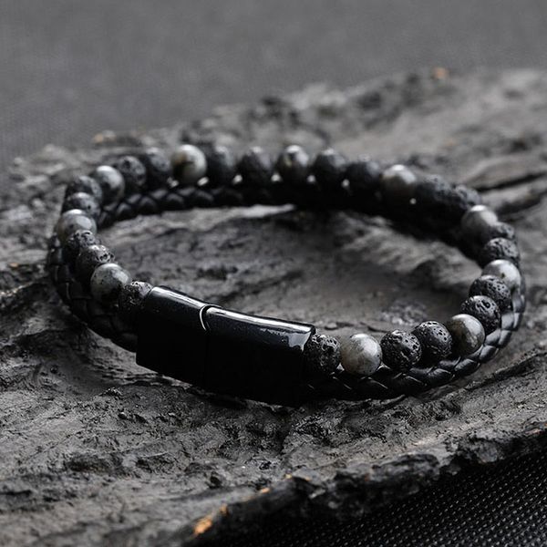 

trendy men braslet double layer leather braclet present for men, Golden;silver