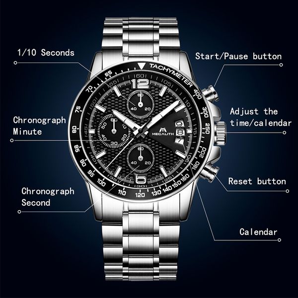 

megalith brand men watch chronograph stainless steel watches men waterproof quartz watch gents luxury casual business wristwatch, Slivery;brown