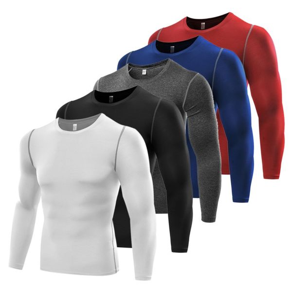 

men compression running sports long sleeve tight shirts fitness gym base layer cozy, Black;red