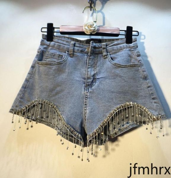 

2020 spring summer new short jeans tassels diamond high-waisted slimming wide-leg denim shorts girls jean shorts femme pants, Blue