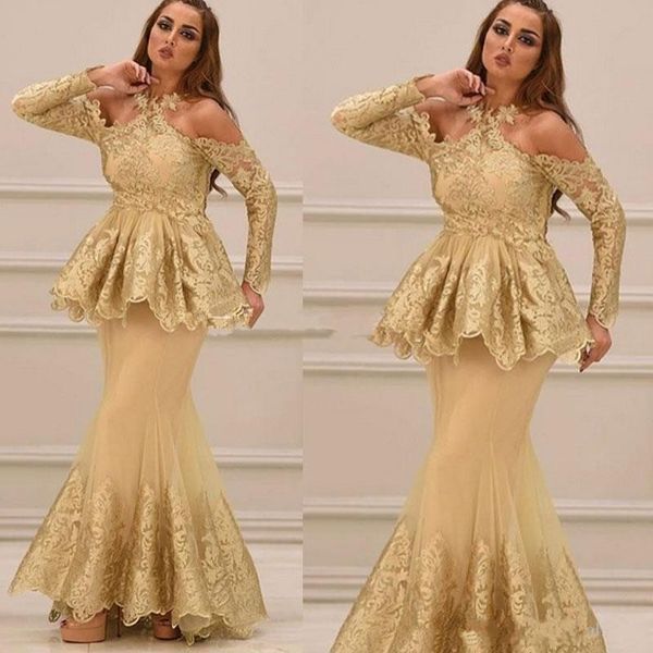 

2020 luxurious mermaid evening dresses halter neck long sleeves peplum lace appliques tulle back floor length prom dresses party gowns, Black;red