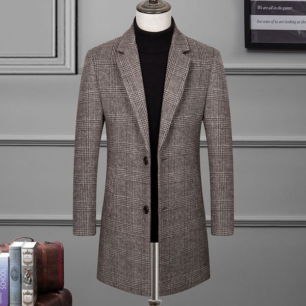 

2019 autumn and winter new style men woolen trench coat korean-style fashion slim fit plaid mid-length trench coat men's, Tan;black