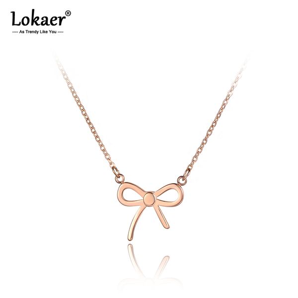 

lokaer trendy bowknot cz crystals pendant necklaces for girls rose gold titanium stainless steel chain necklace jewelry n19133, Silver