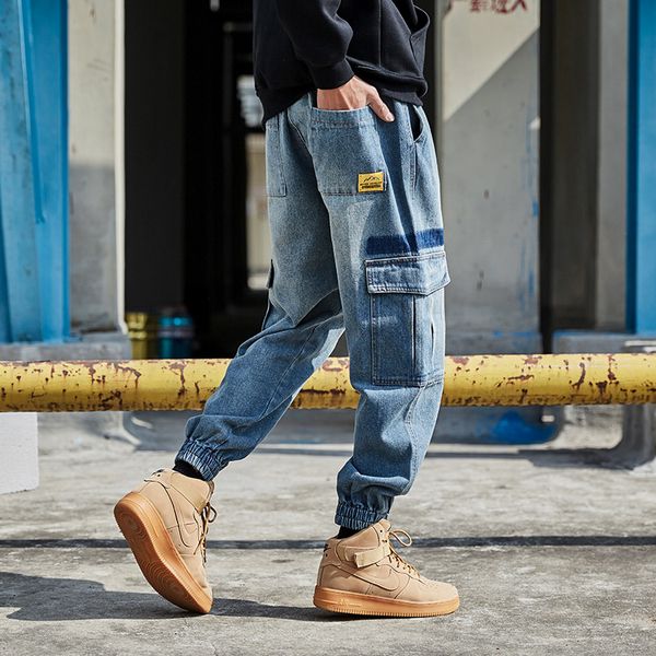 

fashion streetwear men jeans loose fit big pocket denim cargo pants harem trousers slack bottom hip hop joggers jeans men, Blue