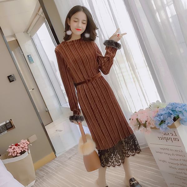 

women dress 2019 winter new temperament gold velvet lace stitching ladies dress korean o collar long sleeve knitted dresses, Black;gray