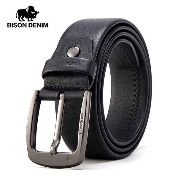 

bison denim genuine leather men belt luxury strap classic vintage pin buckle male belt jeans for men n71494, Black;brown