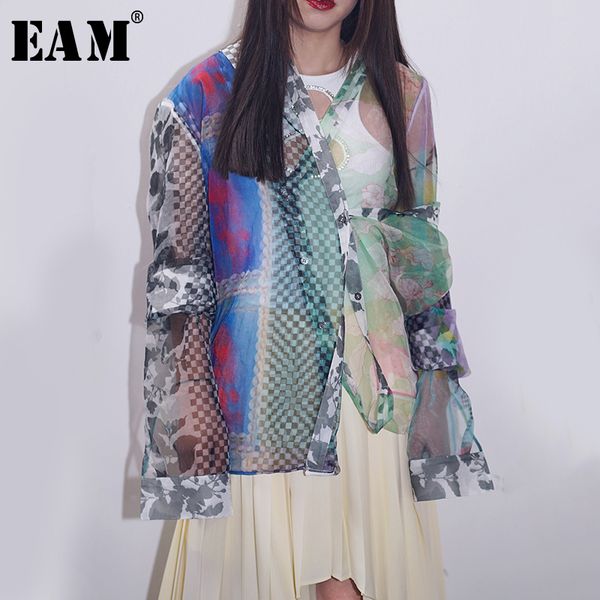 

eam] women pattern print perspective blouse new v-collar long sleeve loose fit shirt fashion tide spring autumn 2020 1s118, White
