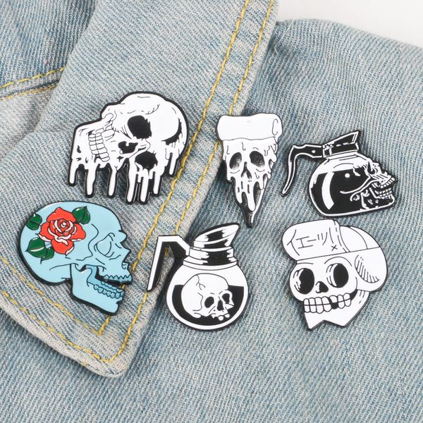 

rose flowers japanese samurai ninja skull pins coffee flower pizza skeleton lapel pins punk dark jewelry brooches for men women, Gray