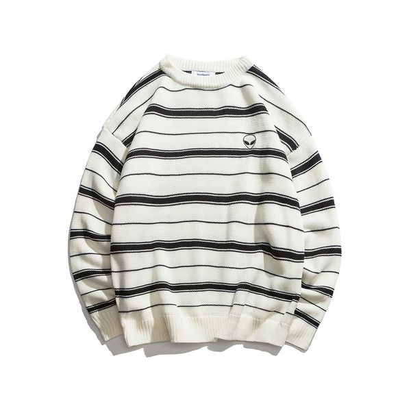

knitted striped sweaters mens 2018 harajuku casual male pullover sweater male fashion streetwear alien embroidered sueter hombre, White;black