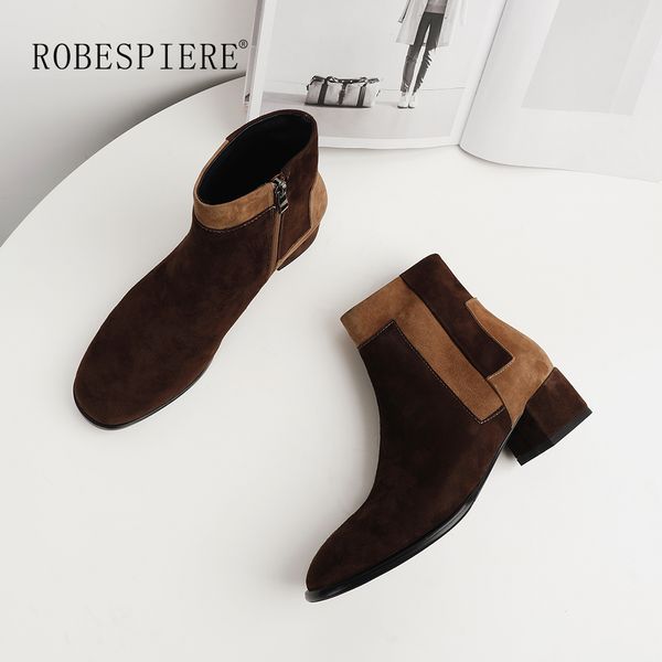 

robespiere large size footwear 2019 casual botas mujer booties ankle boots riding feminine shoes women's mid heels shoes b151, Black
