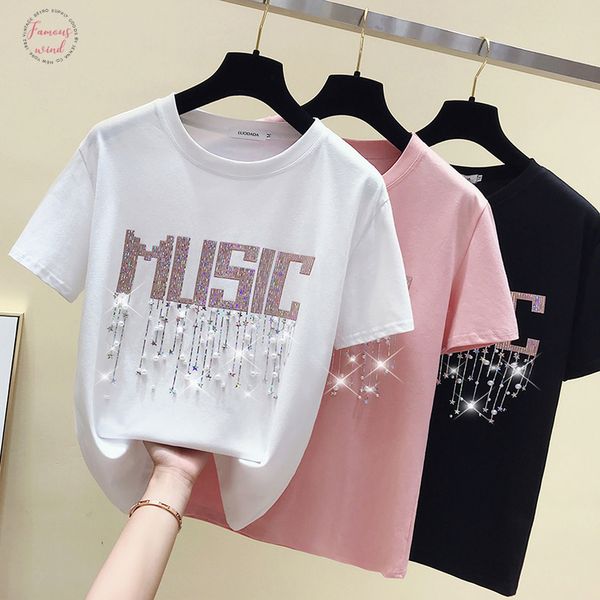 

летняя футболка женщины бисероплетение письмо pink tee shirt femme винтаж футболка с коротким рукавом женщины хлопок белый тенниски tops, White