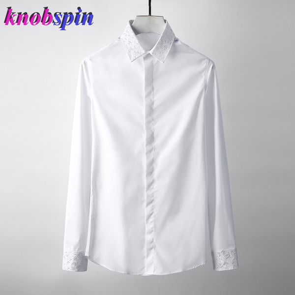 

2019 classic embroidery collar shirt men long sleeve slim casual chemise homme solid color 80% cotton business male dress shirts, White;black
