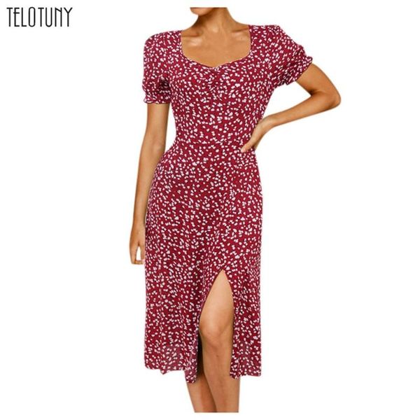 

telotuny summer women floral print dress ladies v-neck beach sundress split high waist slim short sleeve bodycon dress l413, White