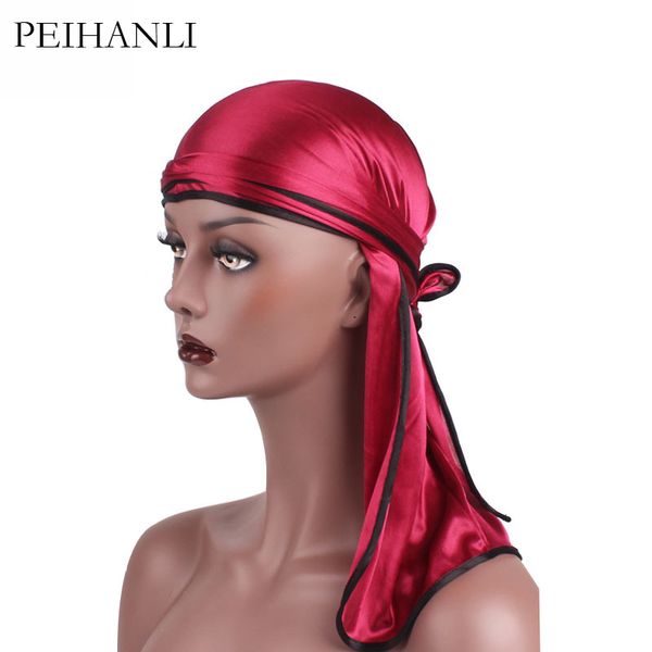 

peihanli unisex мужчины женщины атласная полиэстер дышащий трикотажное длинный хвост тюрбан hat шнуровкой парики doo durag байкер pirate пла