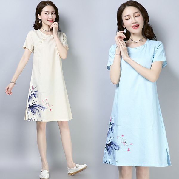 

2019 хлопок лен printed ретро национальный ветер улучшение cheongsam средней длины с коротким рукавом платья женские, White;black