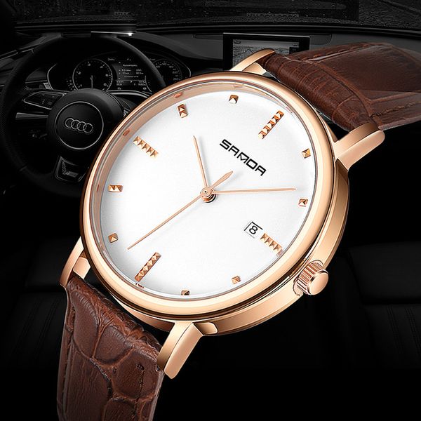 

business quartz watch men date watches male clock leather strap wristwatch for man waterproof 2019 gold relogio masculino, Slivery;brown