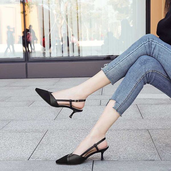 

new 2020 shoes woman slingbacks heels thin high heel point toe solid office ladies work career elegant sandals buckle, Black