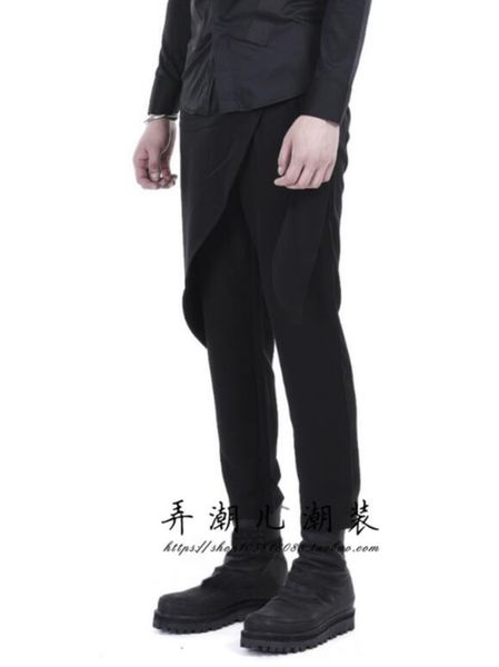 

27-44 2017 new men's clothing gd hair stylist fashion slim casual pants feet culottes asymmetric ribbon plus size costumes, Black