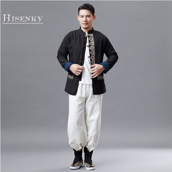 

hisenky spring autumn men chinese traditional jacket cloth buckle cotton padded coat lace embroidery fleece jacket parkas male, Black;brown