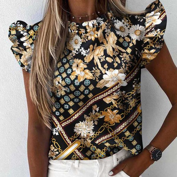 

womenfloral print ruffle blouse 2020 summer butterfly sleeve shirt elegant office lady o-neck blusa streetwear, White