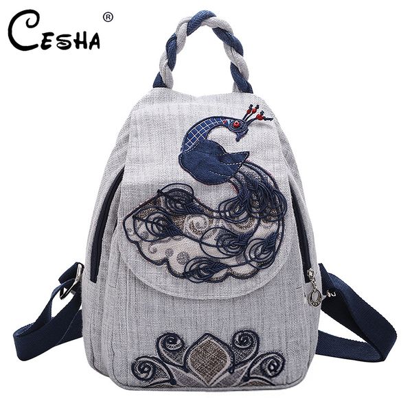 

cesha embroidery women small backpack durable linen backpack fashion peacock pattern female daypack