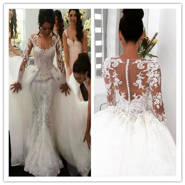 

2019 full lace retro wedding dresses with detachable tulle overskirt jewel neck sheer long sleeves pearls embroidery elegant bridal gowns, White