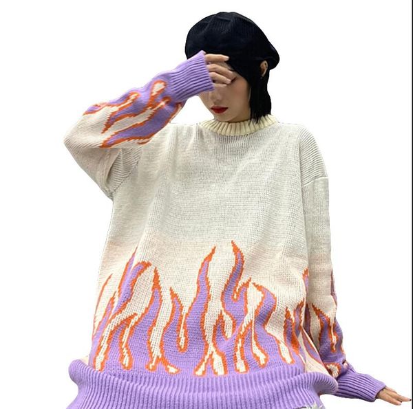 

new women's flame print loose round neck long sleeve sweater, White;black