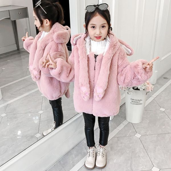

2020 baby teenage winter cartoon thick children parka kids girls faux fur fleece ear hooded coats down jackets clothes, Blue;gray