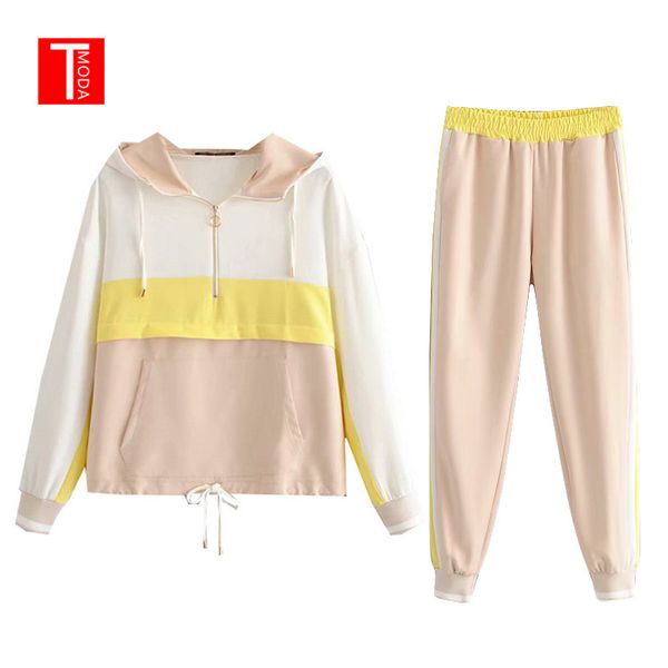 

set female vintage yellow contrast color baseball bomber pullover jacket women and pencil jogging pants suits two piece sets, White
