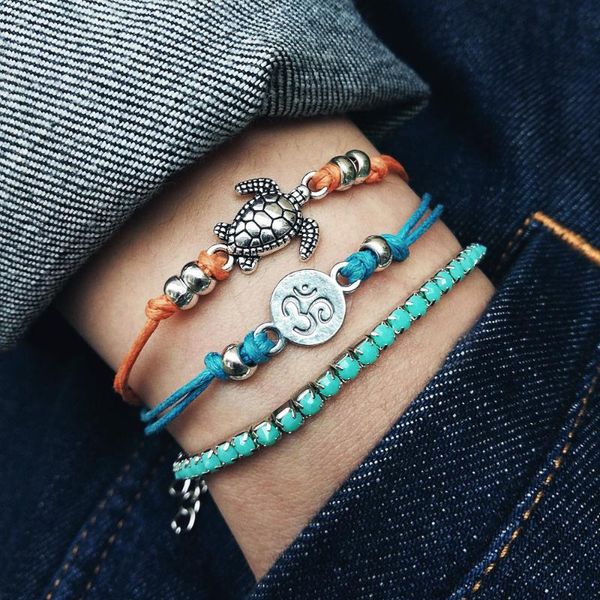 

europe and america creative fashion retro turtle yoga charm bracelet three-piece bracelet, Black