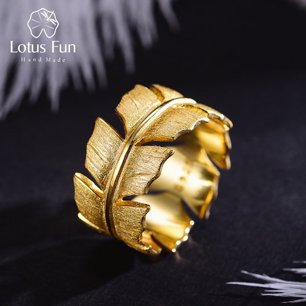 

lotus fun real 925 sterling silver natural original handmade designer fine jewelry elegant soft feather rings for women bijoux, Slivery;golden