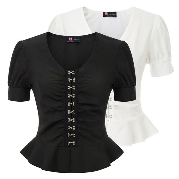 

women's peplum pullover hook-and-eye decorated short sleeve v-neck shirt slim retro blouse summer, White