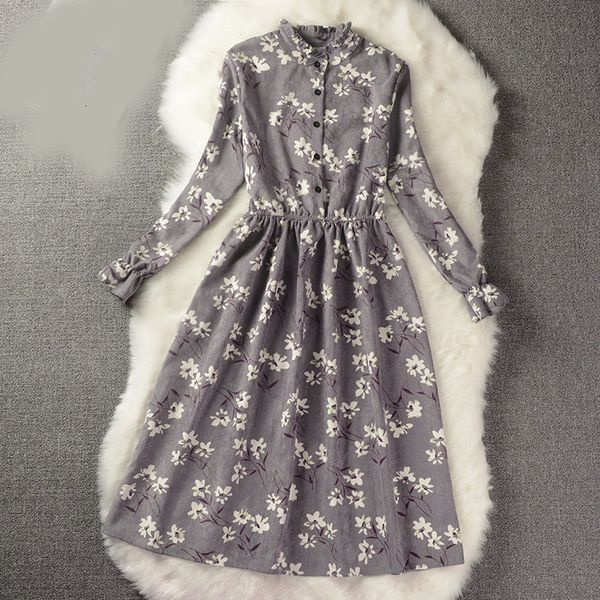 

woman clothes women dress winter autumn floral print slim stand collar casual dresses single breasted pleated dress slim female dress, Black;gray