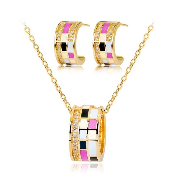 

fashion jewelry set high-end classic copper inlaid zircon women's necklace geometric design earrings pendant necklace set, Silver
