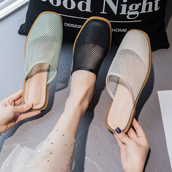 

cover toe female shoes ladies' slippers loafers low lady luxury slides 2020 summer girl designer flat pu cotton fabric rubber, Black
